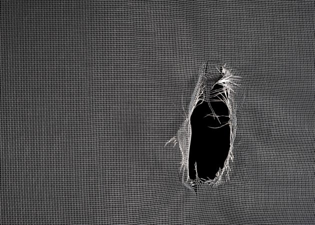 Window screen torn with a big hole against a black background.